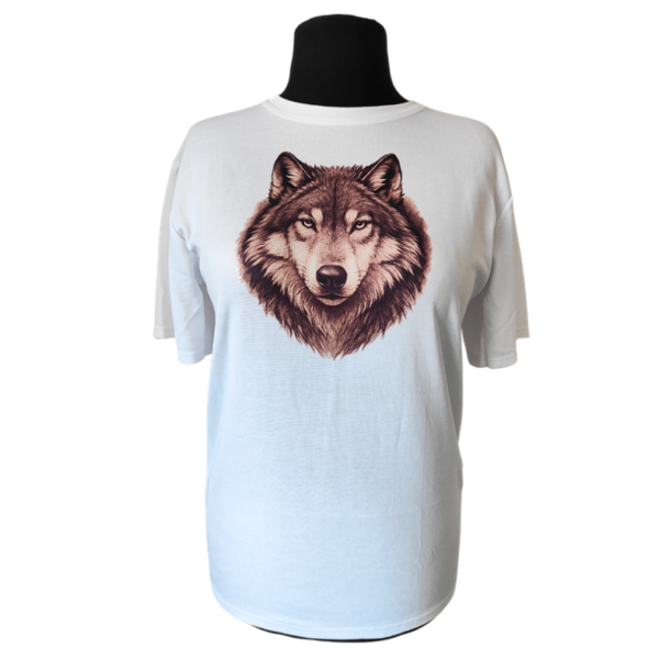 Biała koszulka z nadrukiem wilka – unisex, t-shirt z wilkiem
