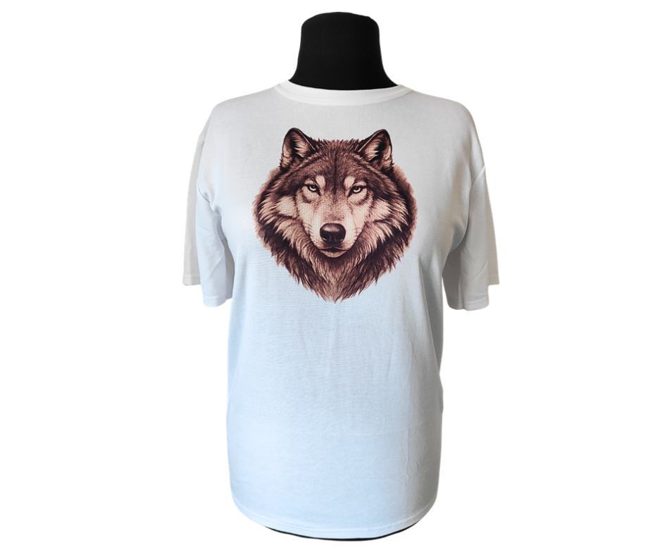 Biała koszulka z nadrukiem wilka – unisex, t-shirt z wilkiem