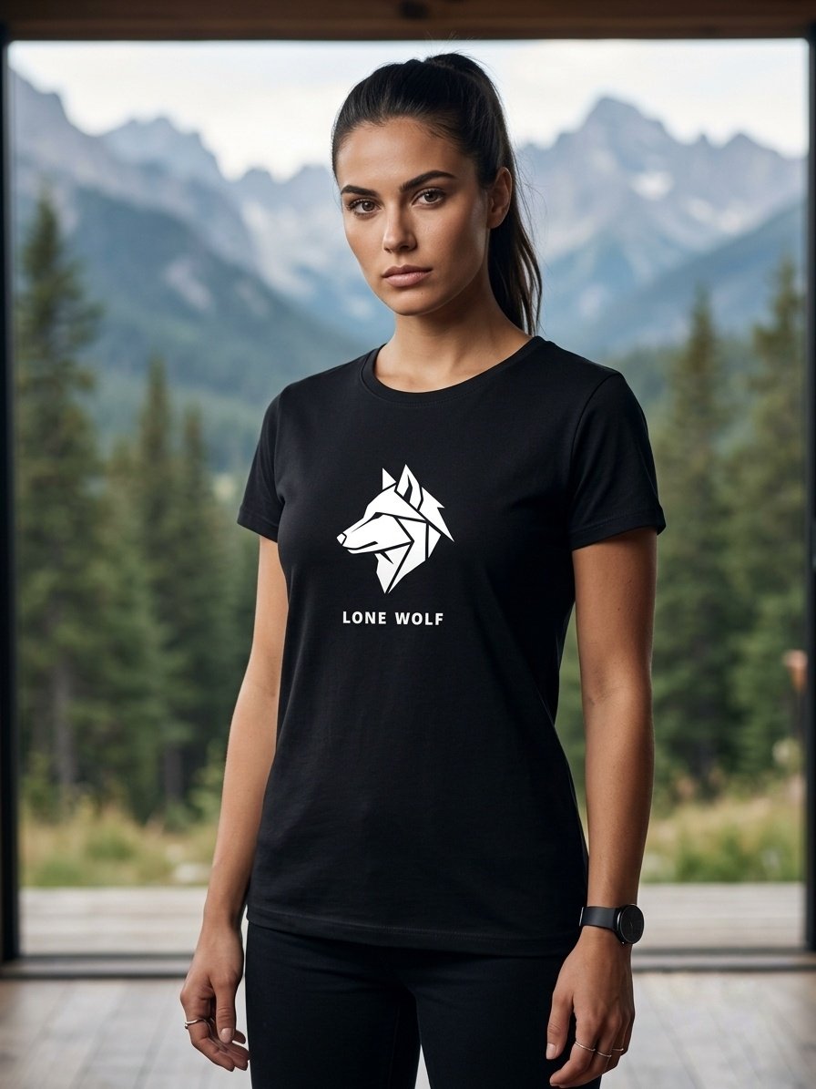 Damska czarna koszulka z wilkiem LONE WOLF
